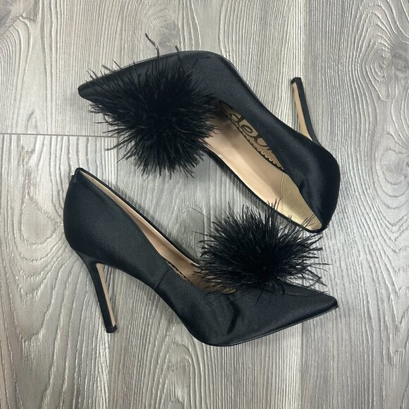 Sam Edelman Black Satin Feather Puff Pointed Toe Heels Women’s Size 7 - Picture 3 of 5